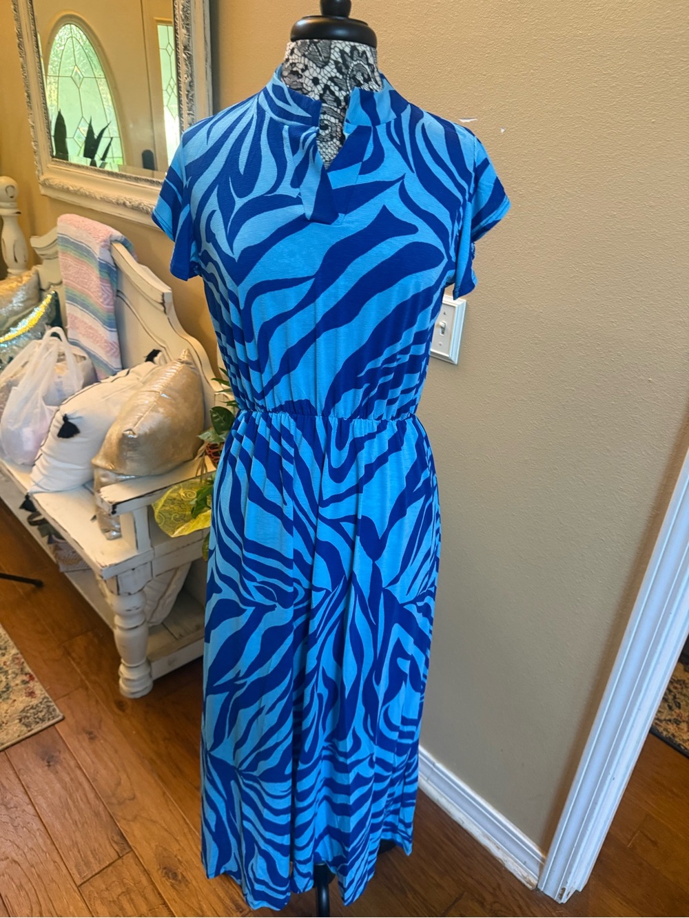 Women's Blue Zebra-Print Maxi Dress with Elastic Waist